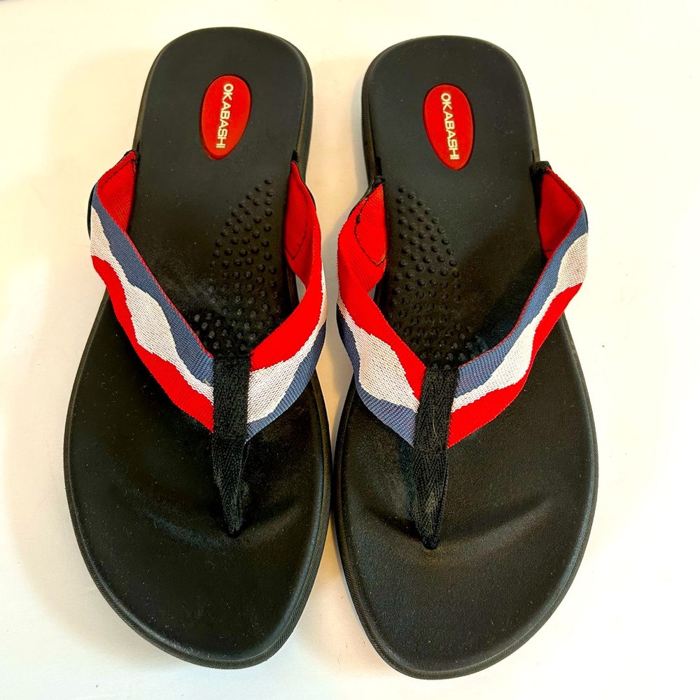 Okabashi Red White Blue Flip Flop Sandals Women’s Size Large (9.5/10.5)
